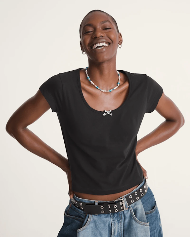 Checkerboard Bow Scoop T-Shirt