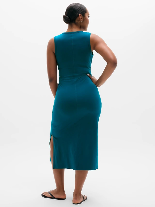 bhldn brooke puff-sleeve v-neck midi dress BHLDN Brooke Puff-Sleeve V-Neck Stretch Midi Dress