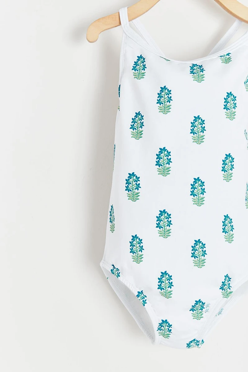 Block Print Ruffle Swimsuit