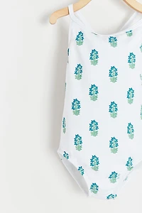 Block Print Ruffle Swimsuit