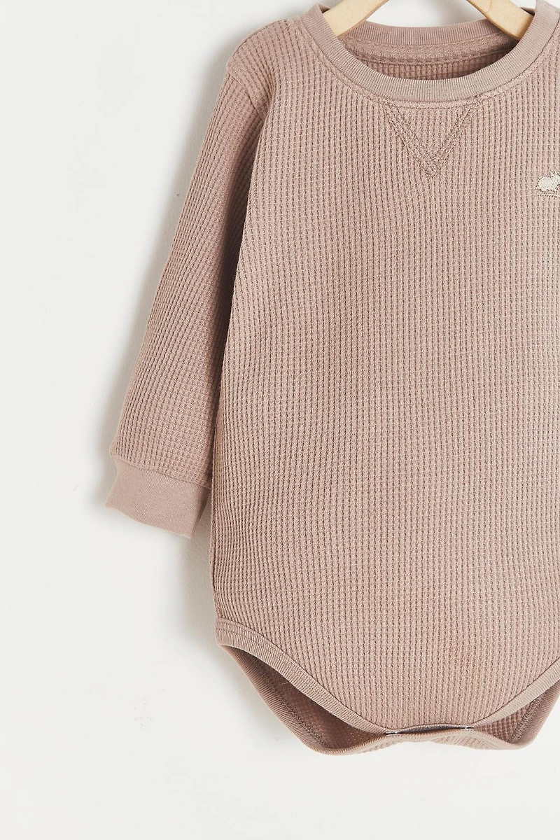 Waffle Round Neck Long Sleeve Bodysuit