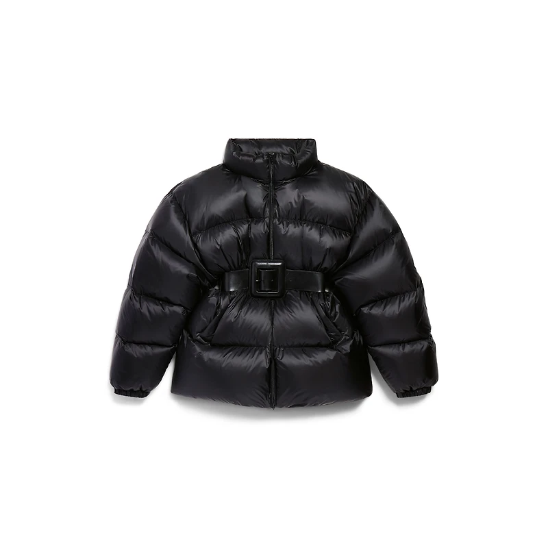 belted hourglass short puffer