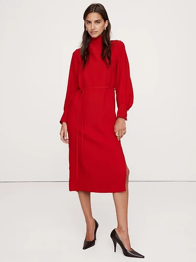 Crepe Mock-Neck Midi Dress
