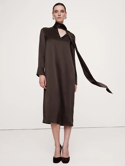 Silk Tie-Neck Midi Dress