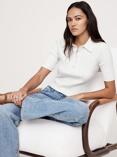 Ribbed Cropped Sweater Polo Shirt