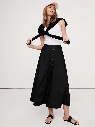 Cotton Poplin Button-Down Long Midi Skirt