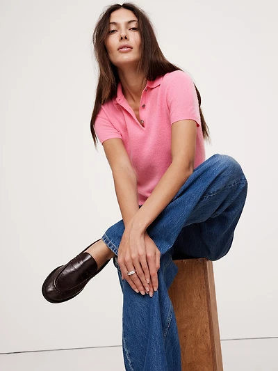 Lightweight Cashmere Short-Sleeve Sweater Polo Shirt