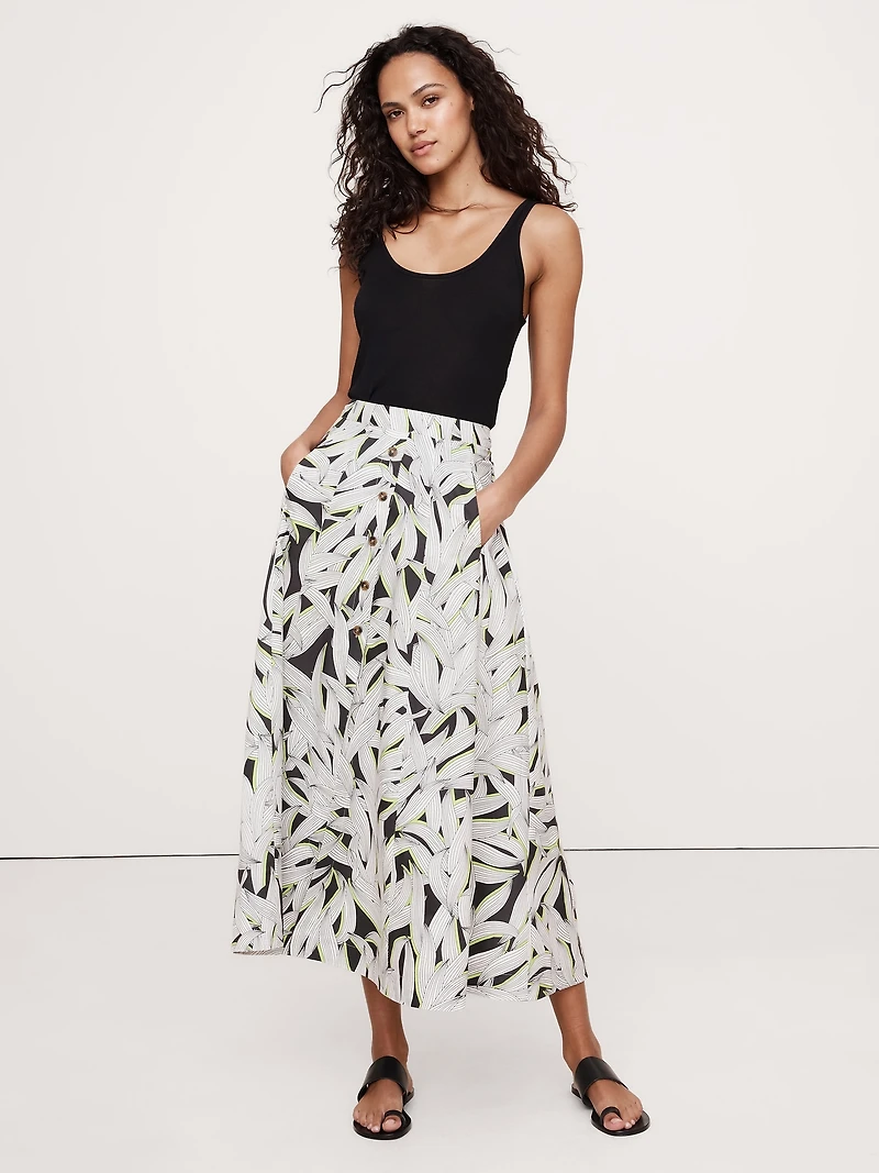 Cotton Poplin Button-Down Long Midi Skirt