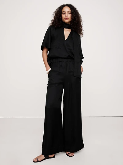 High-Rise Wide-Leg Viscose-Linen Pull-On Pant