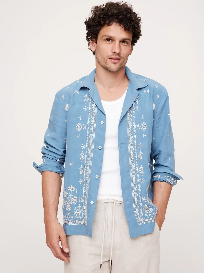 Standard-Fit Embroidered Tencel™-Linen Long-Sleeve Resort Shirt