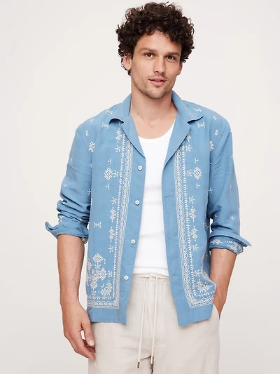 Standard-Fit Embroidered Tencel™-Linen Long-Sleeve Resort Shirt