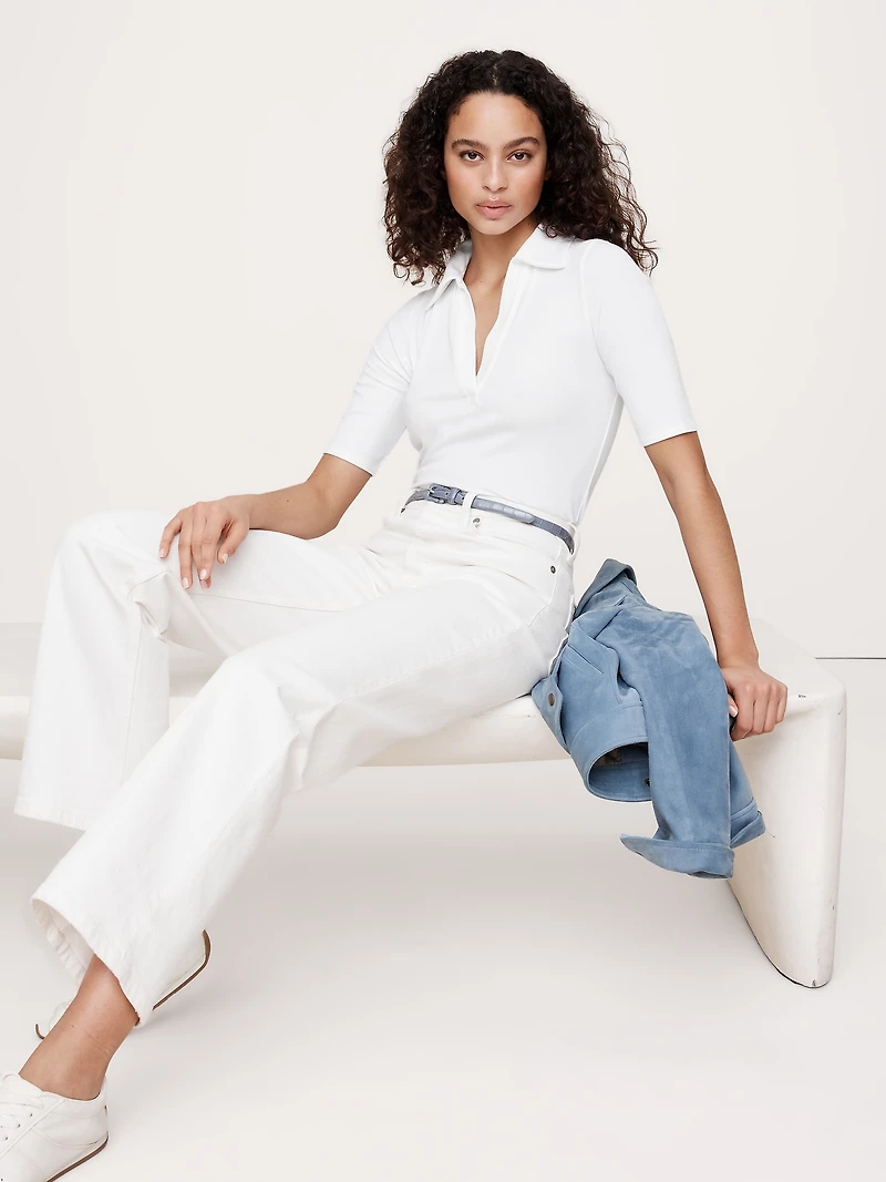 Ribbed Elbow-Sleeve Polo Shirt