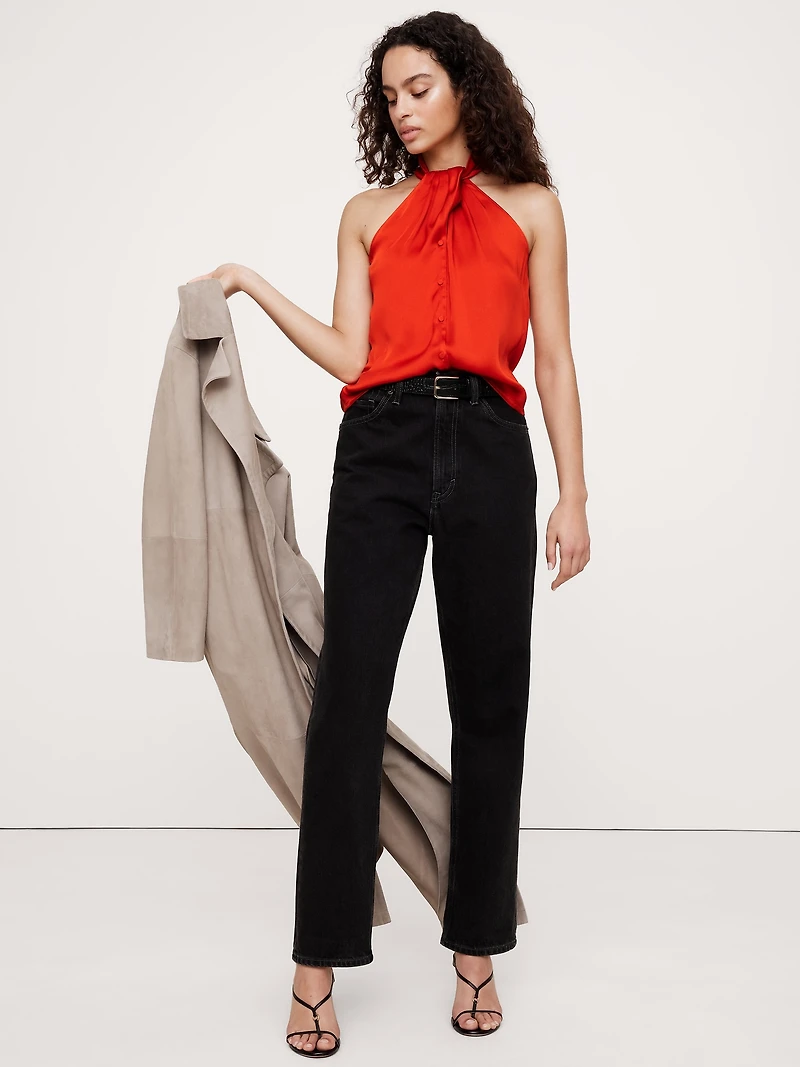 Hammered Satin Halter Button-Down Top