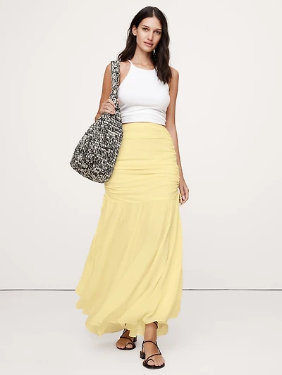 Ruched Drop-Waist Chiffon Skirt