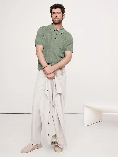 Linen-Cotton Ribbed Sweater Polo Shirt
