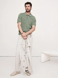 Linen-Cotton Ribbed Sweater Polo Shirt