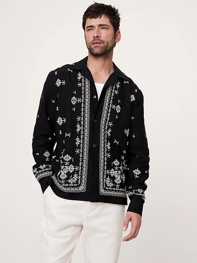 Standard-Fit Embroidered Tencel™-Linen Long-Sleeve Resort Shirt