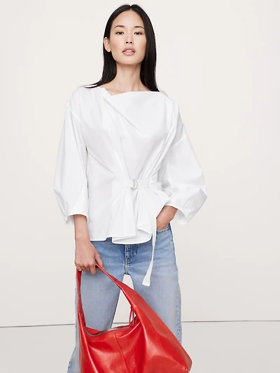 Reversible Cotton Poplin Cowl-Neck Tie-Waist Top