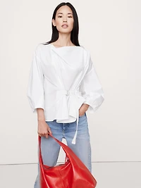 Reversible Cotton Poplin Cowl-Neck Tie-Waist Top
