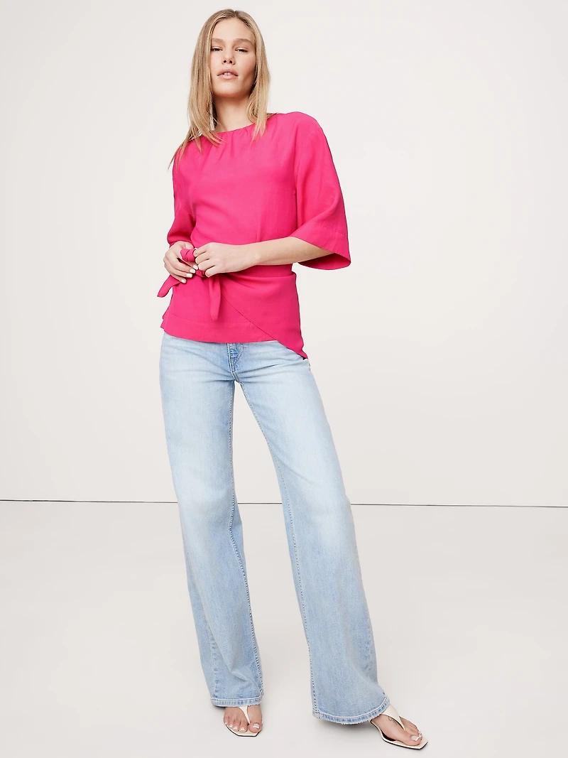 Viscose-Linen Dupioni Tie-Waist Top