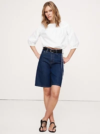 Cotton Poplin Ruched Bubble-Hem Top