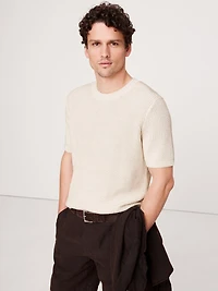 Ribbed Linen-Cotton Short-Sleeve Sweater