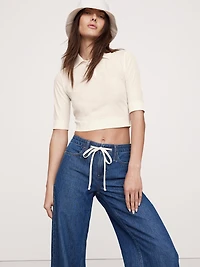 Airy Cotton Crepe Cropped Polo Shirt