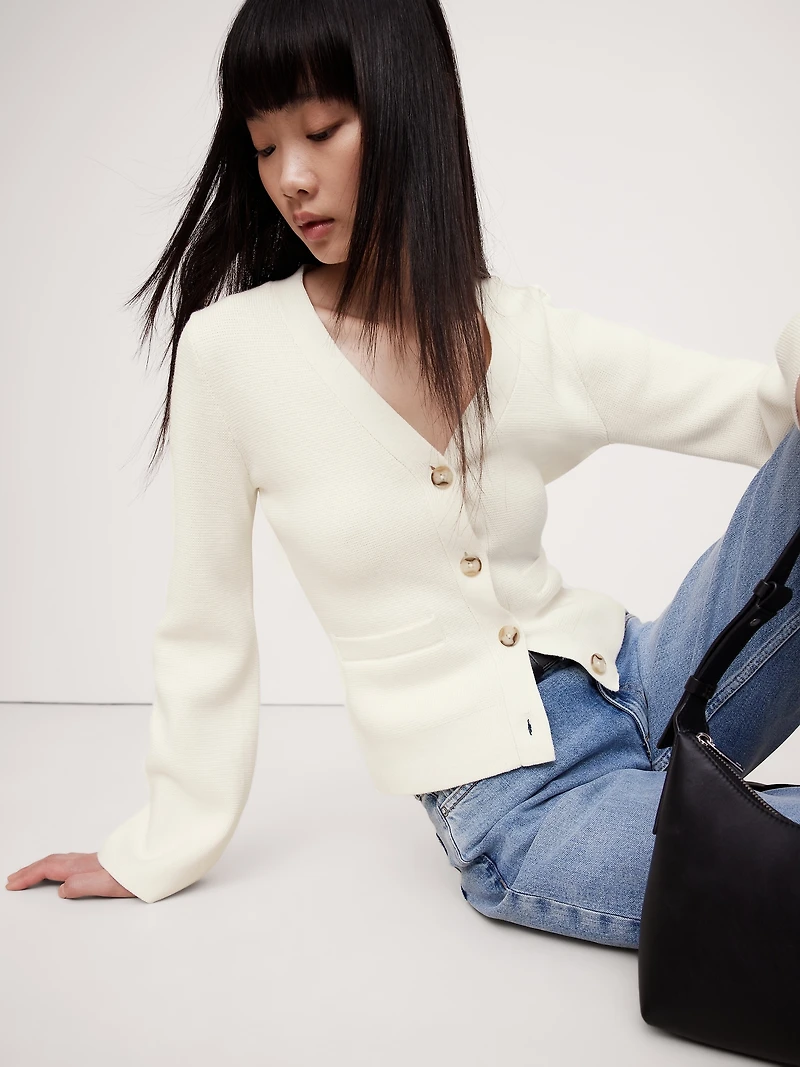 Cotton-Silk Flare-Sleeve Cardigan