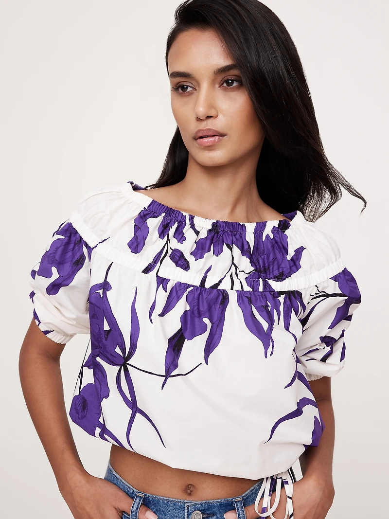 Cotton Poplin Ruched Bubble-Hem Top