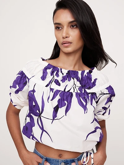 Cotton Poplin Ruched Bubble-Hem Top