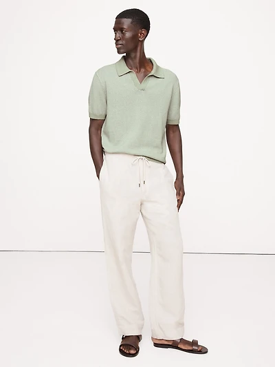 Cotton-Linen Johnny-Collar Sweater Polo Shirt