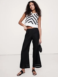 Mid-Rise Kick-Flare Lace-Trim Linen Ankle Pant