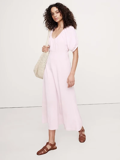 Viscose-Linen Dupioni Ruched Long Midi Dress