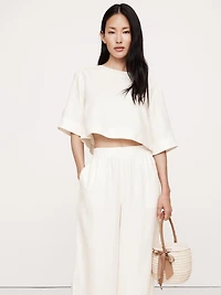 Linen Boat-Neck Cropped Top