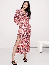 Cotton Poplin Split-Neck Shirt Dress