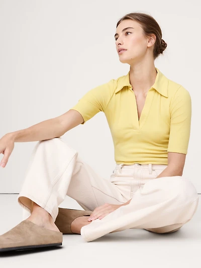 Ribbed Elbow-Sleeve Polo Shirt