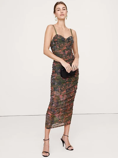RUCHED MESH CORSET MIDI DRESS