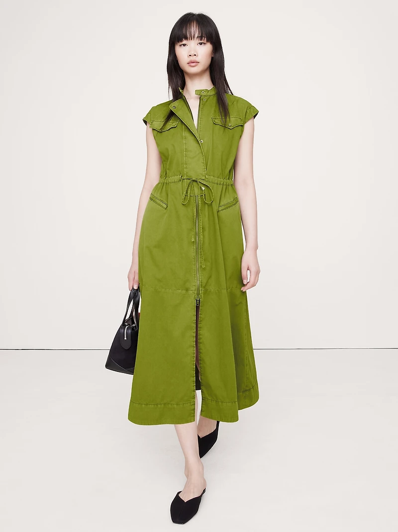 COTTON TWILL UTILITY LONG MIDI DRESS