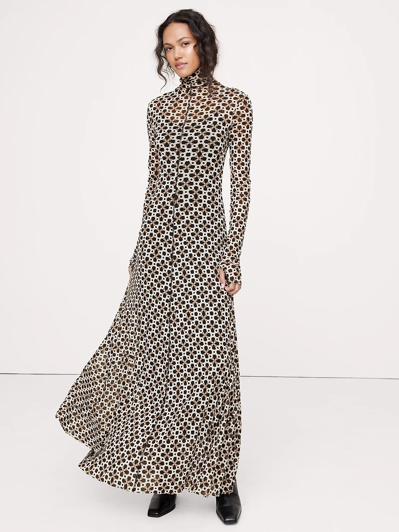Long-Sleeve Mesh Maxi Dress