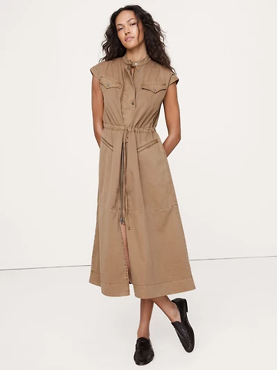 COTTON TWILL UTILITY LONG MIDI DRESS