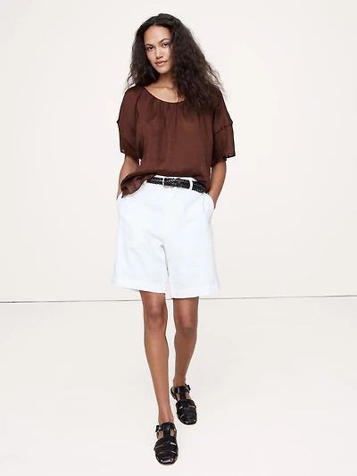 LINEN-VISCOSE GAUZE PUFF-SLEEVE TOP