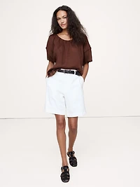 LINEN-VISCOSE GAUZE PUFF-SLEEVE TOP