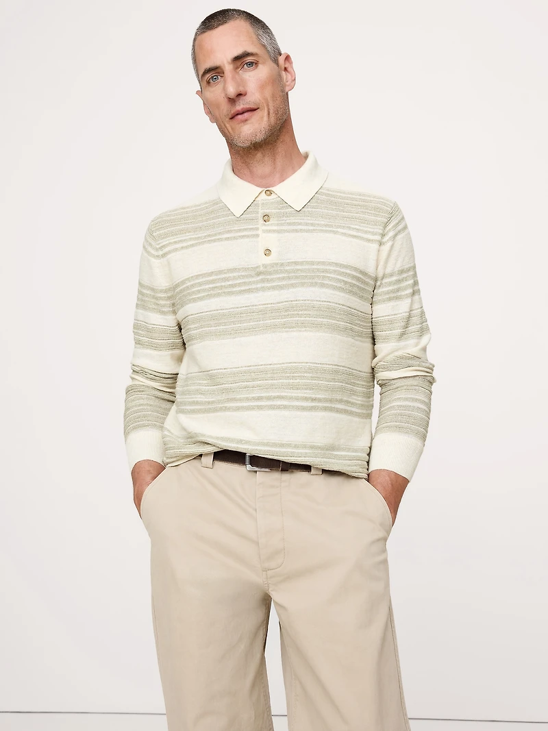 Stripe Cotton-Linen Sweater Polo Shirt