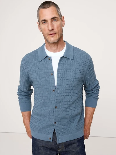 Plaid Texture Cotton Polo Shirt Cardigan
