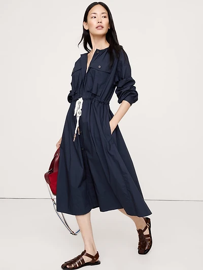 COTTON POPLIN POCKET MIDI SHIRTDRESS