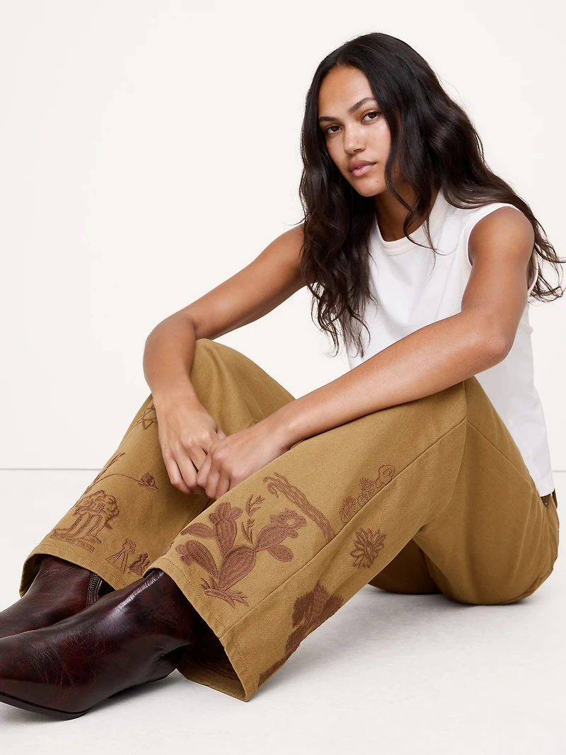 HIGH-RISE EMBROIDERED COTTON CANVAS RELAXED-STRAIGHT PANT