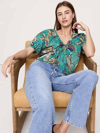 Cotton Tie-Front V-Neck Top