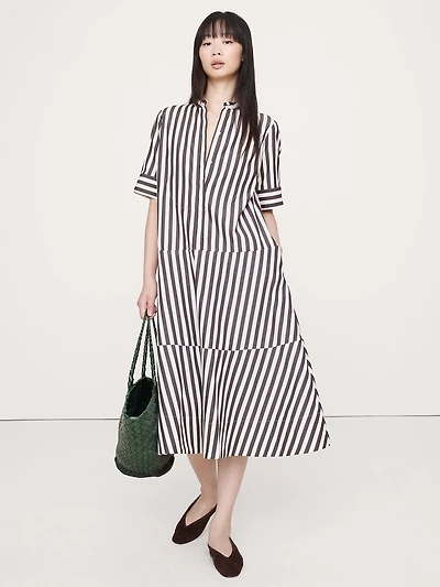 Cotton Poplin Tuxedo-Front Midi Dress