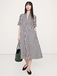 Cotton Poplin Tuxedo-Front Midi Dress
