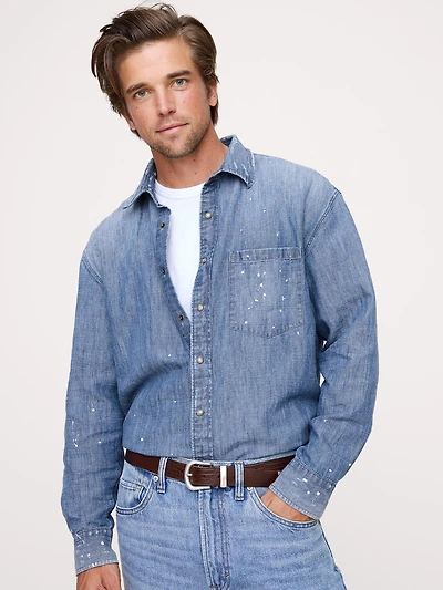 Relaxed-Fit Paint Splatter Cotton-Hemp Chambray Shirt